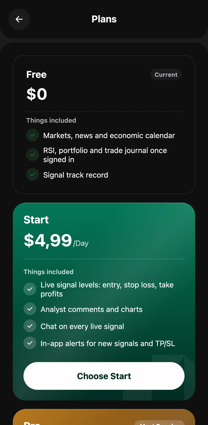 Plans screen in the app: the free plan and paid plans